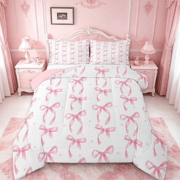 Manfei Cute Pink Bowknot Kids Bedding Comforter Set,Girls Ribbon Bow Knot Twin Comforter Sets,Pink Bows Bedding Set,Reversible Pink,2 Piece