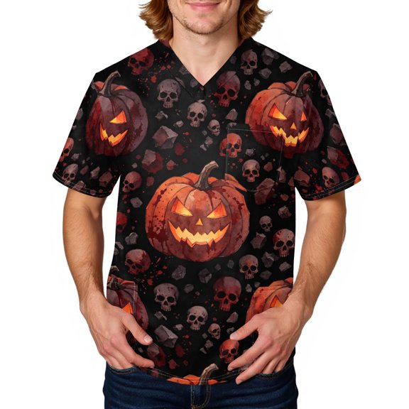 Domuza Halloween Scrub Top Men Novelty Spooky Print V-Neck Short Sleeve Caregiver Uniform Shirts Comfy Soft Classic Fit Medical Scrub Tops 2XL