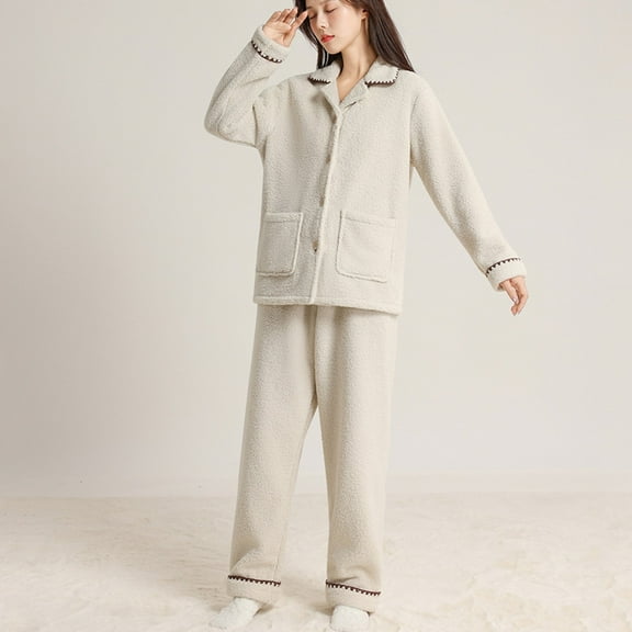 Women'S Flannel Pajamas Pajama Womens Loungewear Long Sleeve Button Down Pajama 2 Piece Fluffy Pajama Pants Warm Winter Pjs Warm Clothes for Women