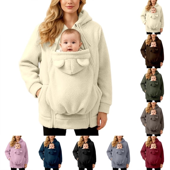 zaveiop Women Fleece Zip up Hoodie 2 in 1 Baby Wearing Jacket Maternity Winter Coat Thicken Kangaroo Sweatshirt Baby Wearing Outerwear (Blue, M)