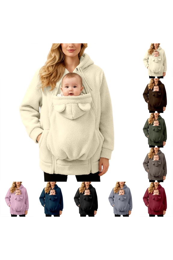 Women Fleece Zip up Hoodie 2 in 1 Baby Wearing Jacket Maternity Winter Coat Thicken Kangaroo Sweatshirt Baby Wearing Outerwear (Black, XL)