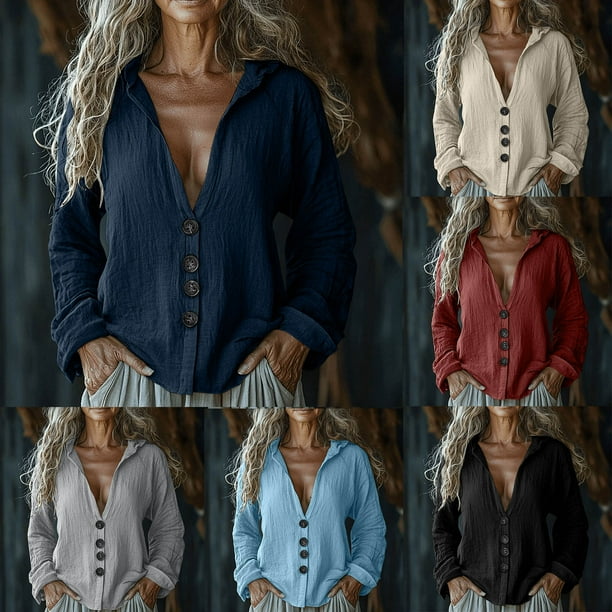 Top para mujer,Blusa tipo túnica holgada con cuello en V para mujer, manga larga con botones delanteros, mezcla de algodón y lino, ropa informal, sopatenor