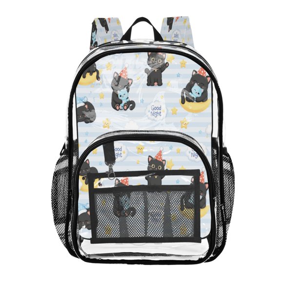 Clear PVC Backpack 12L Transparent Shoulder Bag with Mesh Pockets Cute Black Cats Good Night
