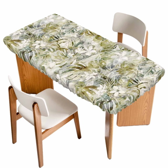 Tropical Leaf Table Cloths for 5 Foot Rectangle Tables, Palm Leaves Plants Vintage Spring Green Patio Waterproof Elastic Fitted Tablecloths, Washable Rectangular Table Cover for Camping