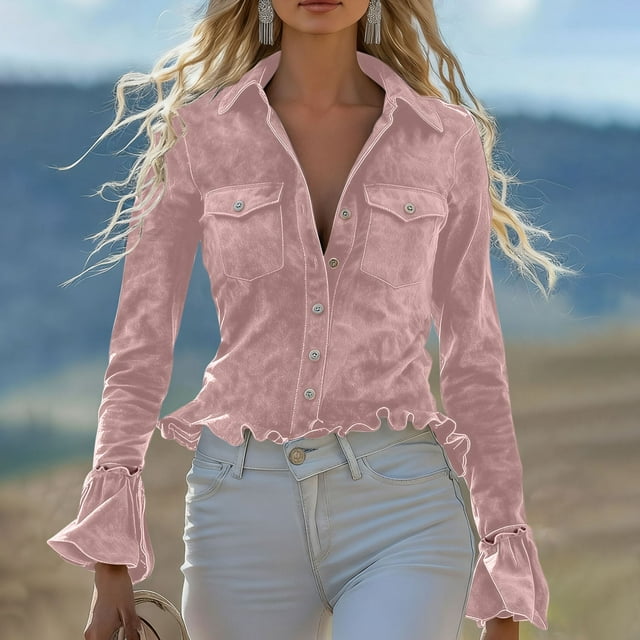 Ounisa Womens Winter Velvet Long Sleeve Button Down Casual Tops Shirts