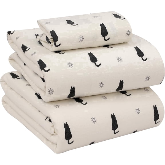 RUVANTI Flannel Sheets Twin Size - 100% Cotton Double Brushed Twin Sheets Set, Deep Pockets 16 Inches, All Seasons Breathable & Extra Soft Bed Sheets, Warm & Cozy, 3 Piece, Black Cat