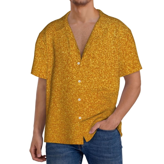 Fotbe Gold Glitter Camisa Estampada de Manga Corta para Hombre, Casual de Verano, Estilo Playero, Sin Arrugas-X-Large