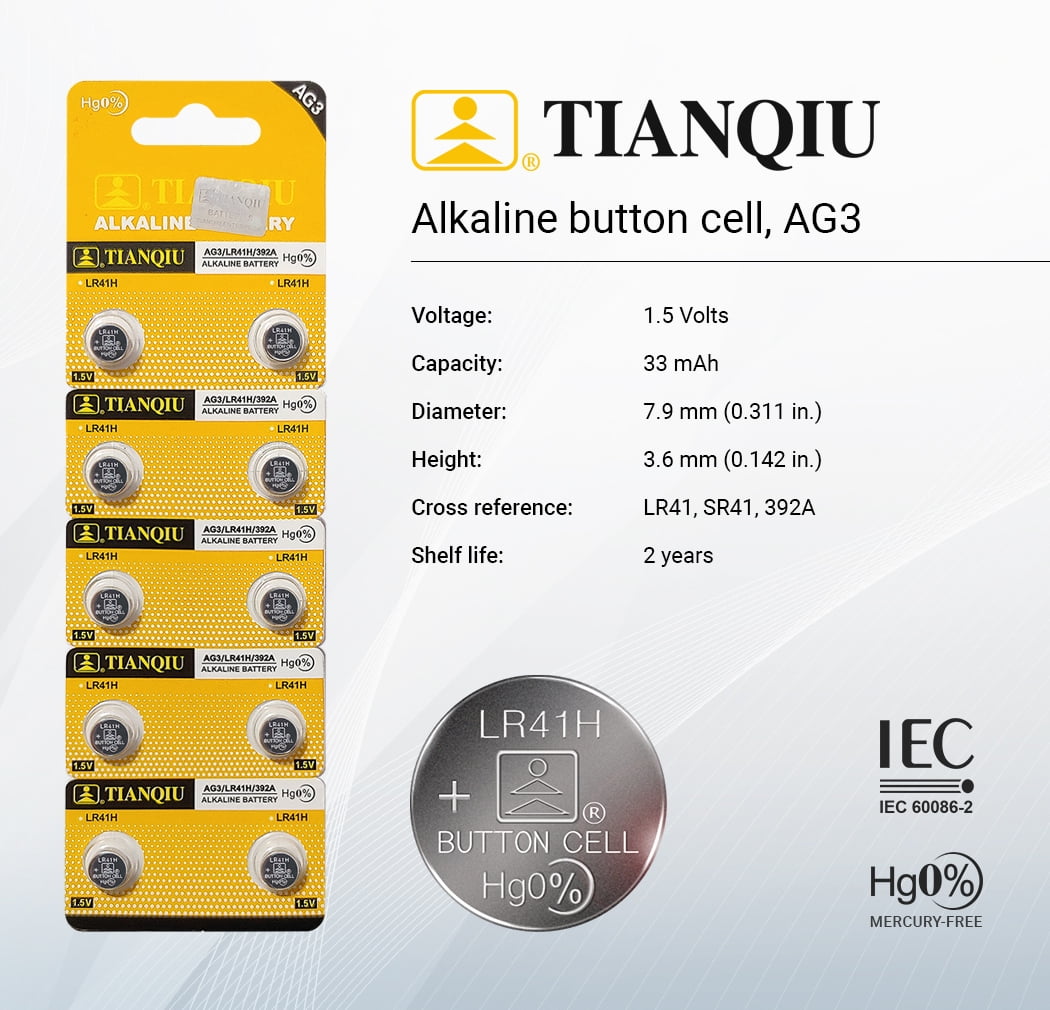 Tianqiu LR41 AG3 392A LR41H 1.5V Alkaline Coin Cell Batteries (200