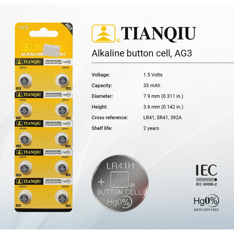 Tianqiu LR41 AG3 392A LR41H 1.5V Alkaline Coin Cell Batteries (200  Batteries)
