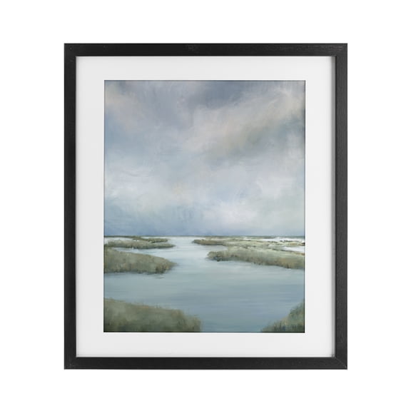 Hazy Marsh Land View Black Framed Print Under Glass, design by Leah Noel Art