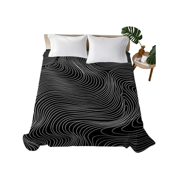 King Flat Sheet Black Wavy Lines Flat Sheets Only Soft Breathable Microfiber Bedding Top Sheets Luxury Hotel Quality Abstract Twist Stripes King Bed Sheet for All Season Bedroom Dorm Home Decor