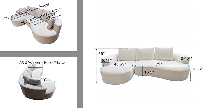 Curved Modular Sectional Couch 2 Piece Set with Pillows, Minimalist Ergonomic Living Room Furniture
