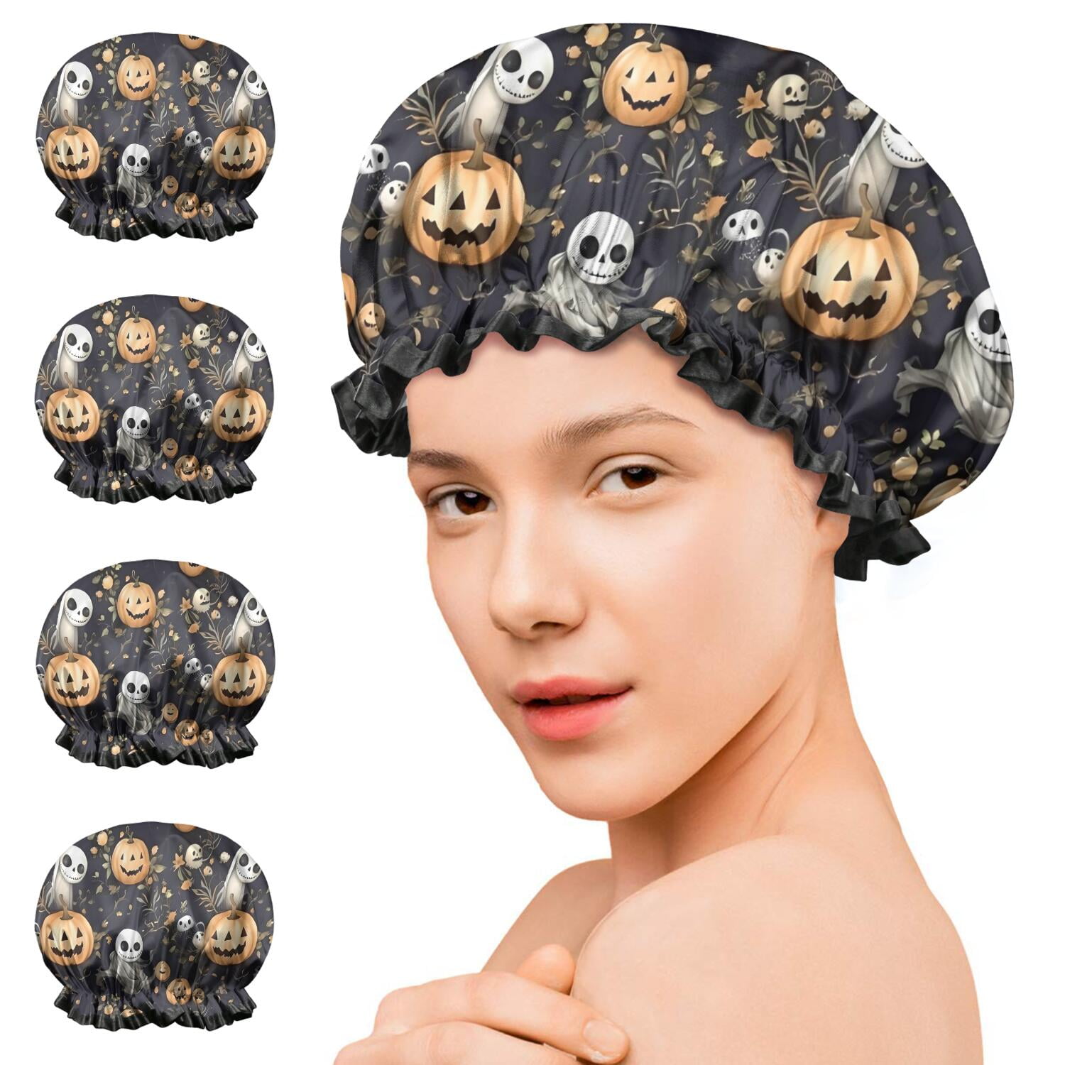 Shower Caps,Nightmare Before Christmas Halloween Pattern Waterproof Shower Cap for Women 4 Pieces,Double Reusable Hair Cover for Shower PEVA Elastic Stretch Hem