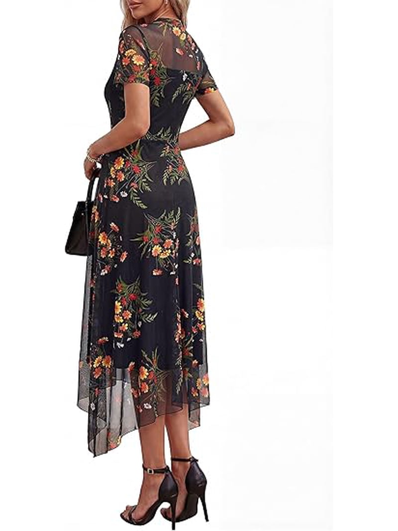 Prettygarden Cocktail Dresses for Women Summer Short Sleeve Floral Mesh Sheer Midi Party Wedding Guest Dress, Women's, Size: 2XL, Black
