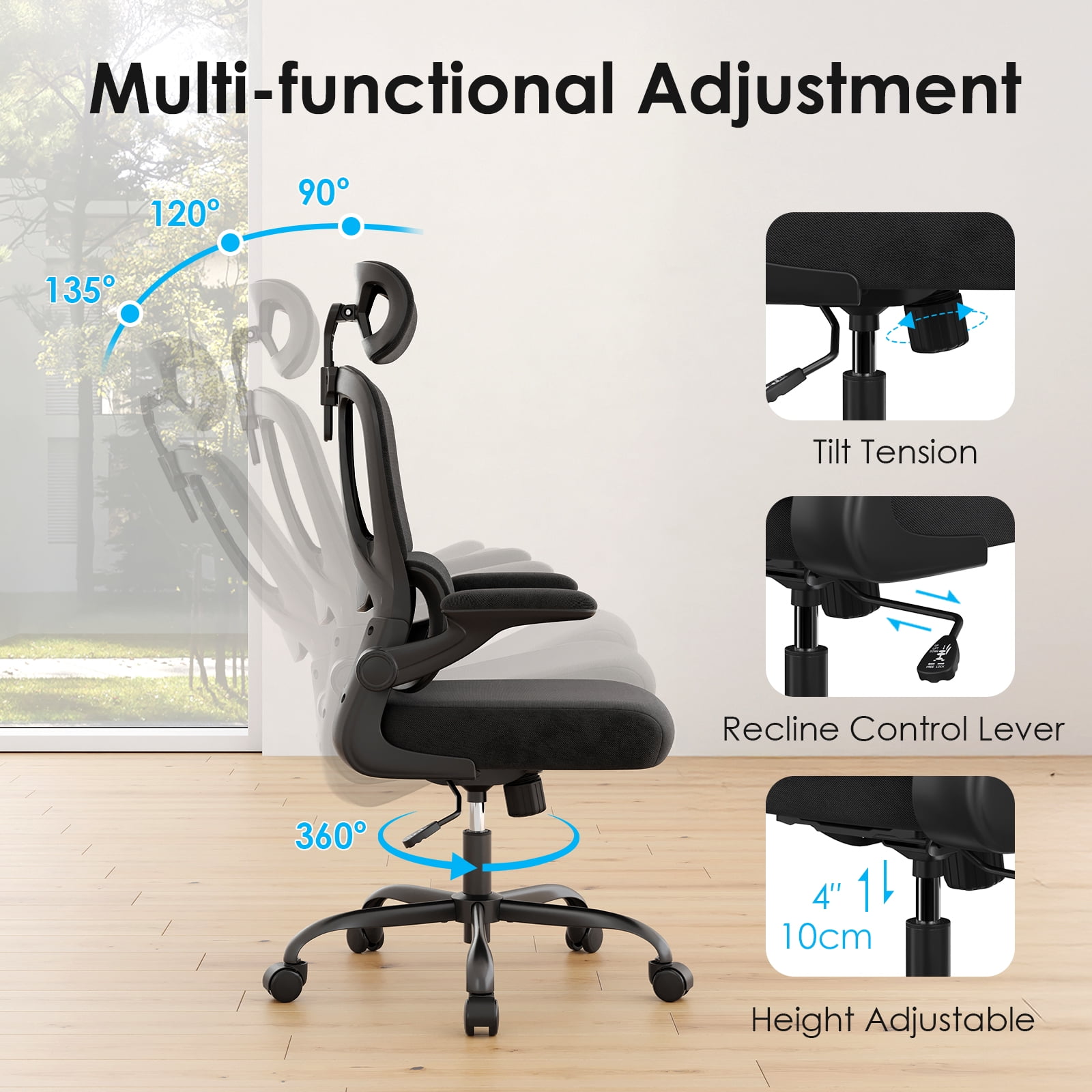 Farini Ergonomic Office Chair, Adjustable High Back Mesh Desk Chair with Lumbar Support, 2D Headrest , Black