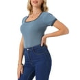 thumbnail image 4 of INSPIRE CHIC Women's Bodysuit Short Sleeve Square Neck Slim Fit Ribbed Knit Bodysuits S Grey Blue, 4 of 6