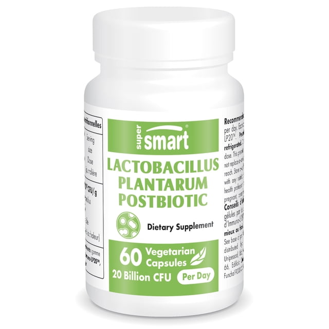suplemento supersmart lactobacillus plantarum postbiotic 20b cfu frasco frontal con etiqueta blanca y verde, texto principal "LACTOBACILLUS PLANTARUM POSTBIOTIC", logo Supersmart, leyenda "60 Vegetarian Capsules" y "20 Billion CFU Per Day", icono de cápsula vegetal, tapa blanca y paneles de ingredientes laterales visibles parcialmente.