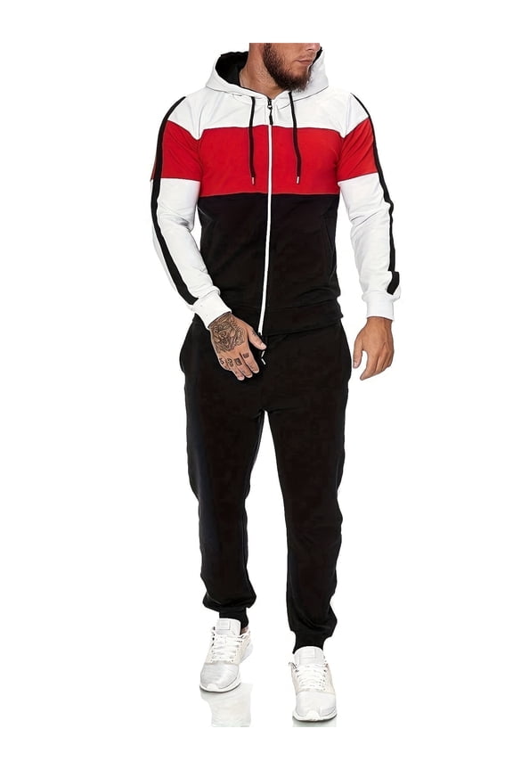 Sweatsuits for Men Set 2 piece Athletic Jogging Suits Zip up Track Suit Men's Color Block Set with Zip-up Hoodie