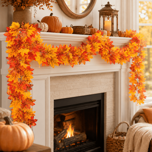 2 Pack Fall Garland, 5.7-Ft Artificial Maple Leaf Garlands with Double-Layer Silk Leaves for Thanksgiving Mantel, Fireplace, Staircase and Table Decor