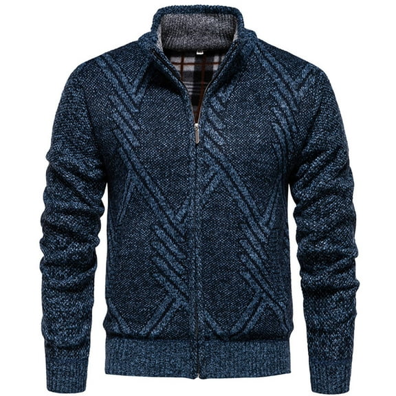 KeShDi Fleece Jacket Mens Puffer Jacket Man Solid Color Pattern Knitwear Fleecing Zipper Stand Collar Coat Dark Blue L