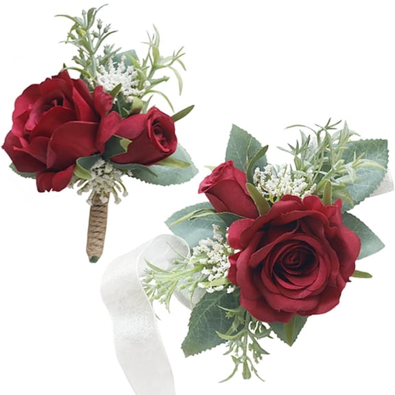 Prom Corsage and Men Boutonniere Set, Wrist Band Bracelets, for Wedding Bride Bridesmaid Groom Groomsmen Flower Accessories Prom Party Man Suit Decor - Burgundy 2 Pieces