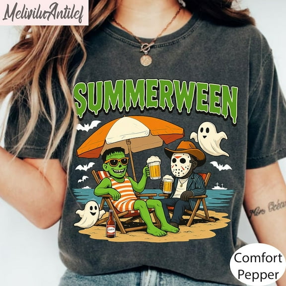 Retro Summerween Halloween T-shirt, Funny Horror Beach T-shirt, Spooky Summer Vibes T-shirt, Halloween In July T-shirt.