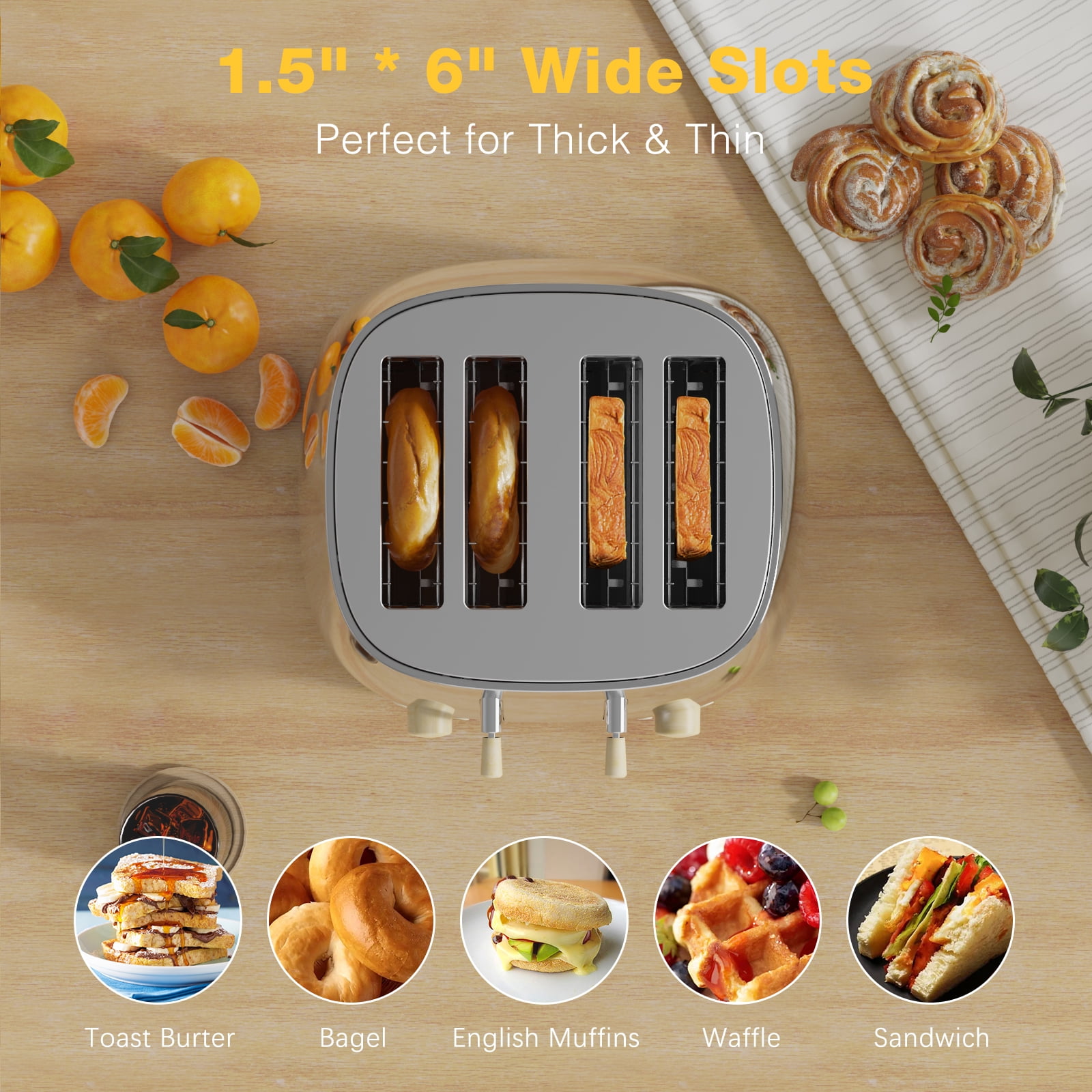 ANFILANK 4-Slice Retro Stainless Steel Toaster with Extra Wide Slots, Removable Crumb Tray & Warming Rack - Perfect for Bread & Breakfast Sandwiches