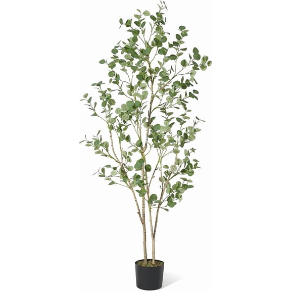 Artificial Eucalyptus Tree, Tall Artificial Plants Indoor, 5Ft Decorative Faux Plant with Realistic Round Leaves, Indoor Home Office Living Room Decor, Easy to Assemble with Black Pot