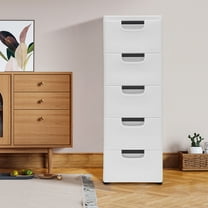 5-Drawer Storage Cabinet, White PP Plastic Organizer with Wheels, Space-Saving, Stackable Storage Unit for Bedroom, Closet, and Living Room