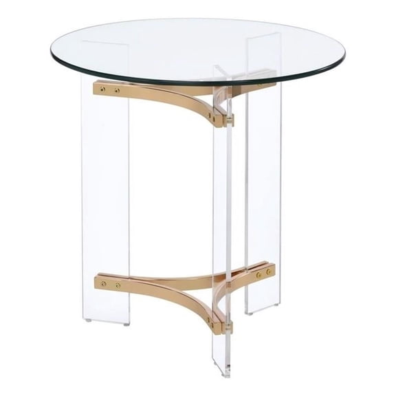 Pemberly Row Round Tempered Glass Top End Table in Clear and Gold