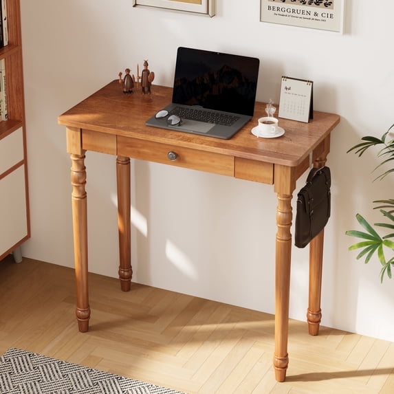 BESKADI 32 Inch Mid Century Modern Desk - Rubber Wood Desk with Drawers, Vintage Narrow Desks with 2 Hooks, Small Writing Desks for Small Spaces, Bedroom, Living Room & Office, Walnut Color