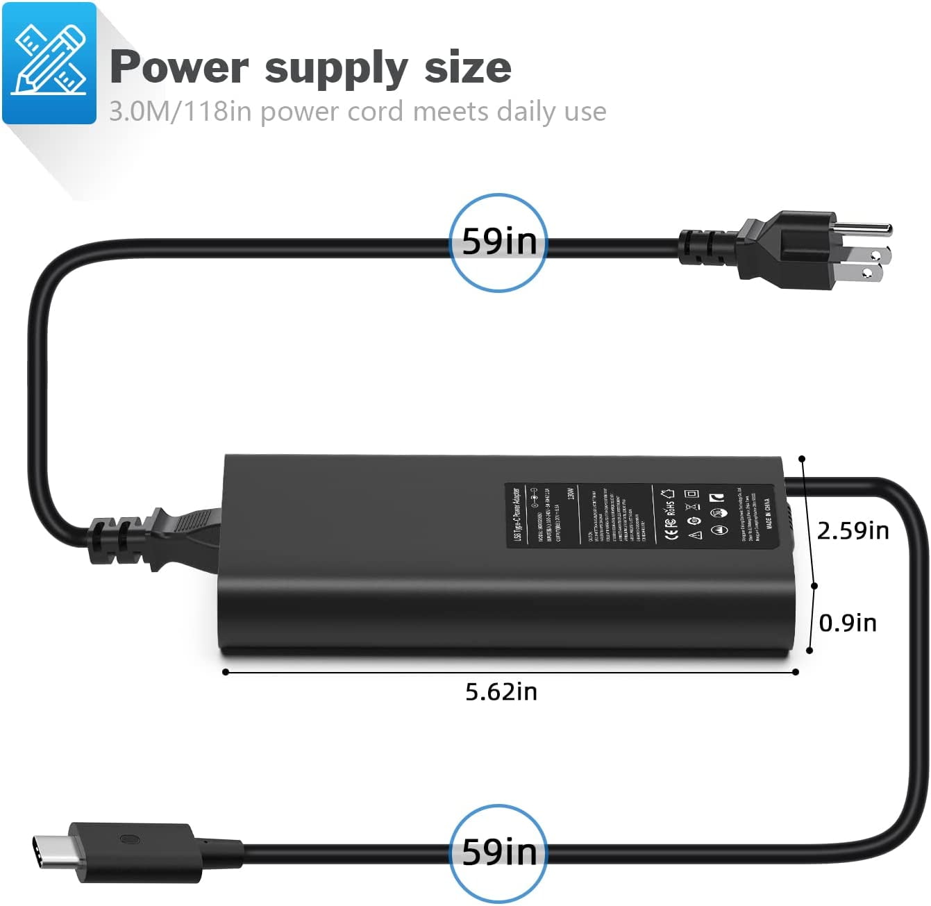 Dell 130W Laptop Charger Dell XPS Charger USB C Type C Slim AC Power Adapter for Dell XPS 17,Precision 5550 5530 2in1,XPS 15 2in1 9575，Latitude 7410 7310 Power Supply Cord