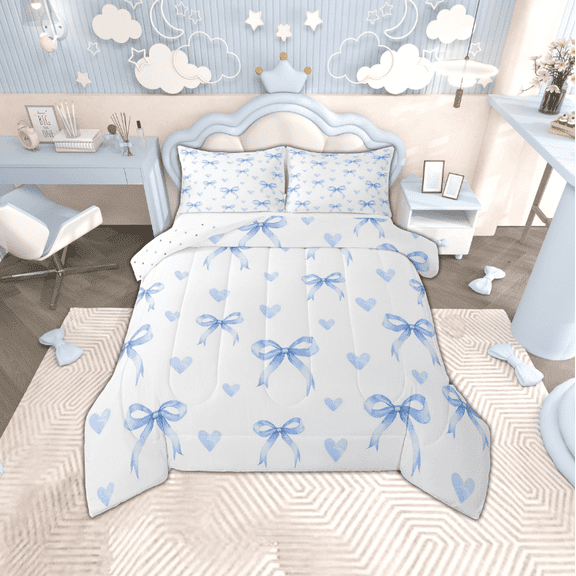 Manfei Cute Pink Bow Bedding Comforter Set,Lovely Bow Knot Twin Comforter Sets,Blue Loves Pattern Bedding Set For Princess,Breathable Home Decor Reversible,2pcs