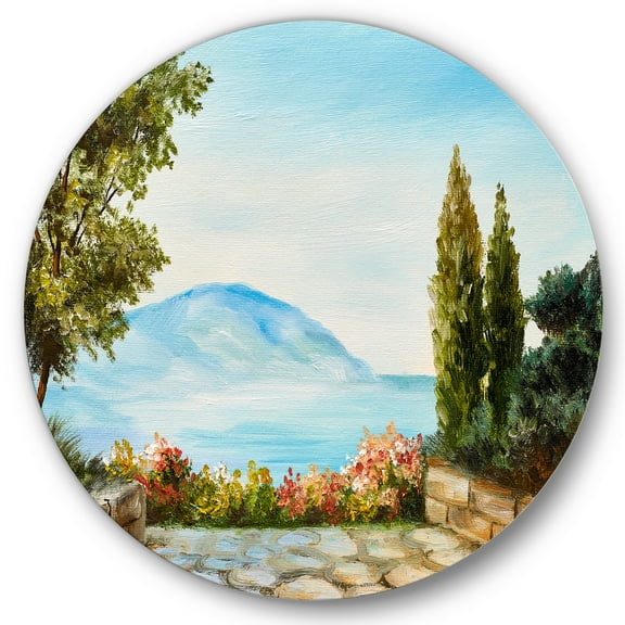 Designart 'Beautiful Mountains View By The Sea Side' Nautical & Coastal Circle Metal Wall Art 36x36 - Disc of 36