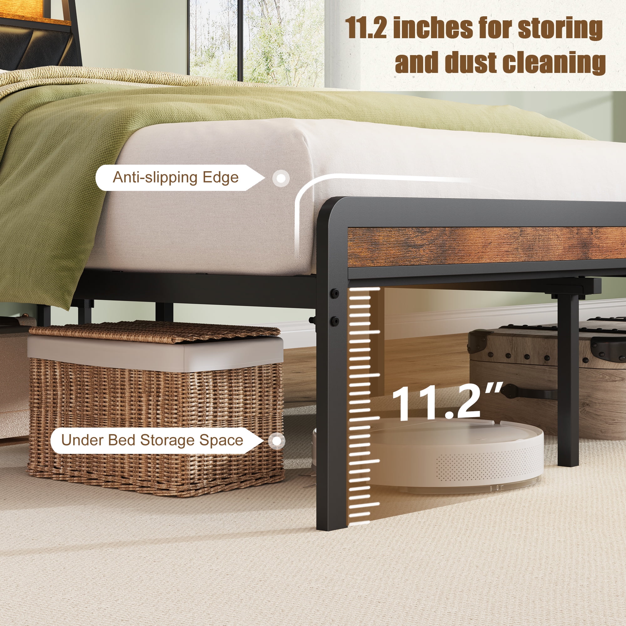 Yoneston Queen Size Platform Bed Frame with Ergonomic Tilted Upholstered Headboard, Storage LED Bed Frame with Charging Station for Kids, Adult - Brwon