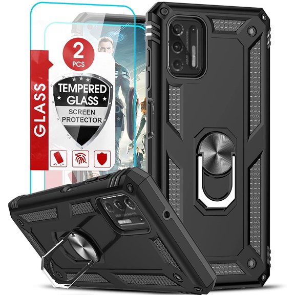 for Military-Grade Moto G Stylus 2021 Case with Kickstand & 2 Tempered Glass Screen Protectors - Black [Not for 5G/2020]