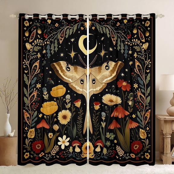 Homewish Boho Moth Kitchen Curtains, Hippie Flower Mushroom Black Out Curtains Pack of 2 (42x63 Each)