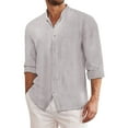 thumbnail image 2 of Leesechin Men's Cotton Linen Long Sleeve Shirts Casual Button Down Banded Collar Shirt Beach Summer Tops with Pocket, 2 of 6