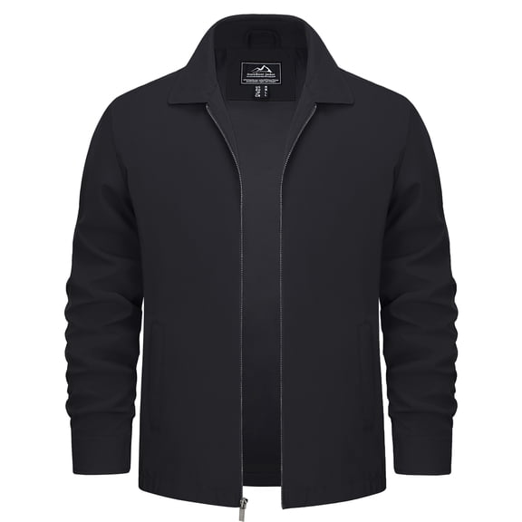 TACVASEN Men's Lightweight Windbreaker Jackets Full Zip Up Stylish Coat Business Casual Laydown Collar Work Dress with Zip Pockets Black L
