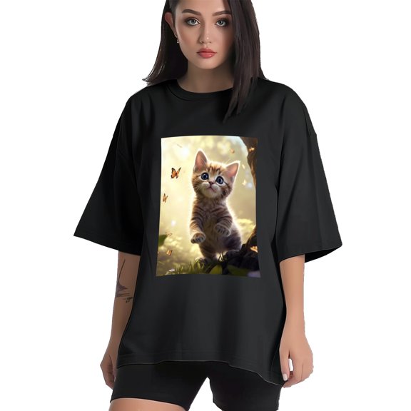 Plus Size Shirt for Women Black Tops for Women Short Sleeves Shirt for Women Cats T Shirt Crewneck Shirt for Women XS