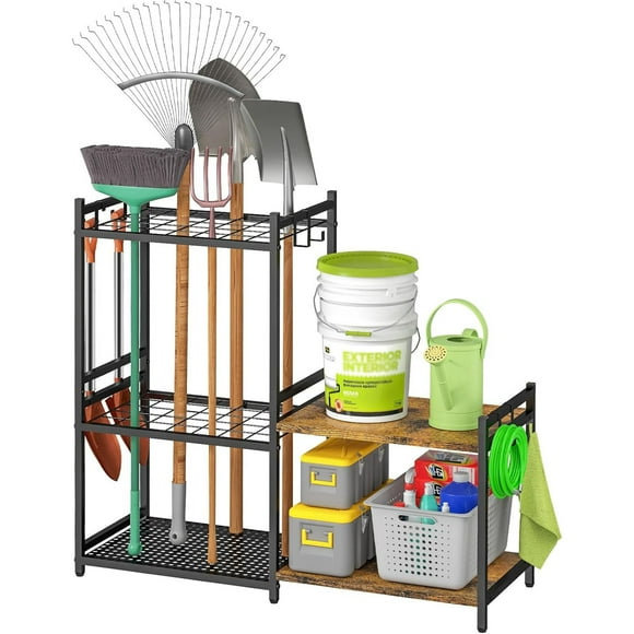 Hanmorfarbi 2 Tier Wooden Shelf Tool Organizer, Garage Patio Tool Organizer, Heavy Duty Garden Tool Rack For Storage Organization, Multi-Purpose Garden Tool Rack Tool Tower Shelf