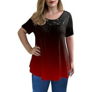 Mchoice Casual Summer Tops for Women Gradient Short Sleeve Tunic Tops Blouses Loose O-Neck Tee Shirts on Clearance