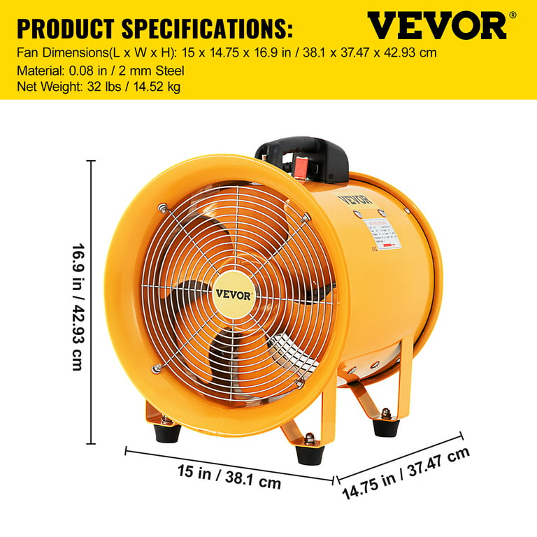 VEVOR Utility Blower Fan, 12inch Portable Ventilator 3900m³/h 1900rpm  2800rpm High Velocity Two-Speed Cylinder Fan 520W Utility Blower with 5m  Duct