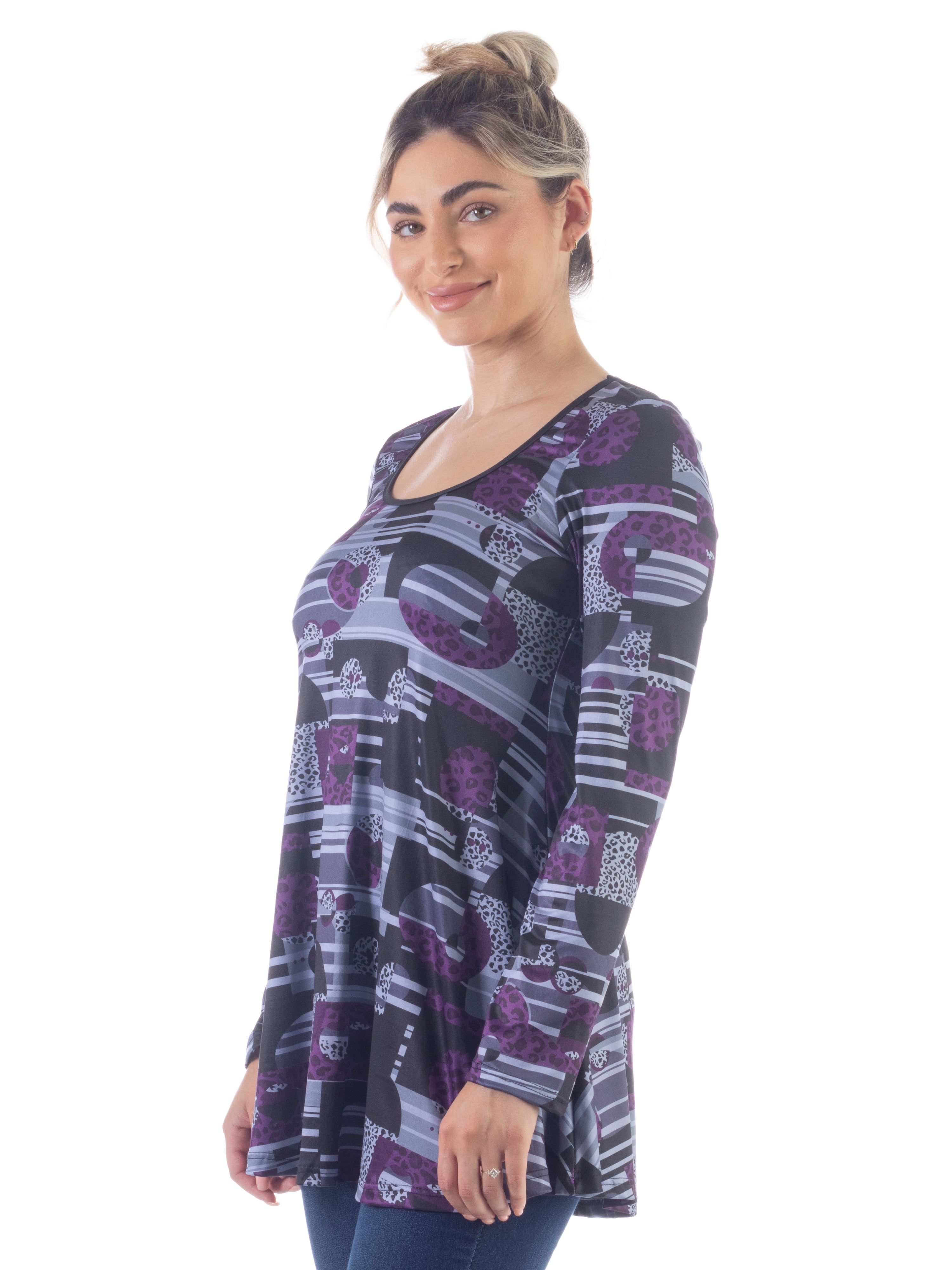 24/7 Comfort Apparel Womens Purple Print Scoop Neck Long Sleeve Tunic Top