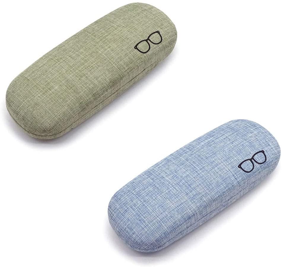 Glasses Case 2 Pcs Blue and Green Retro Hard Lined Linen Lens Case for Glass Storage