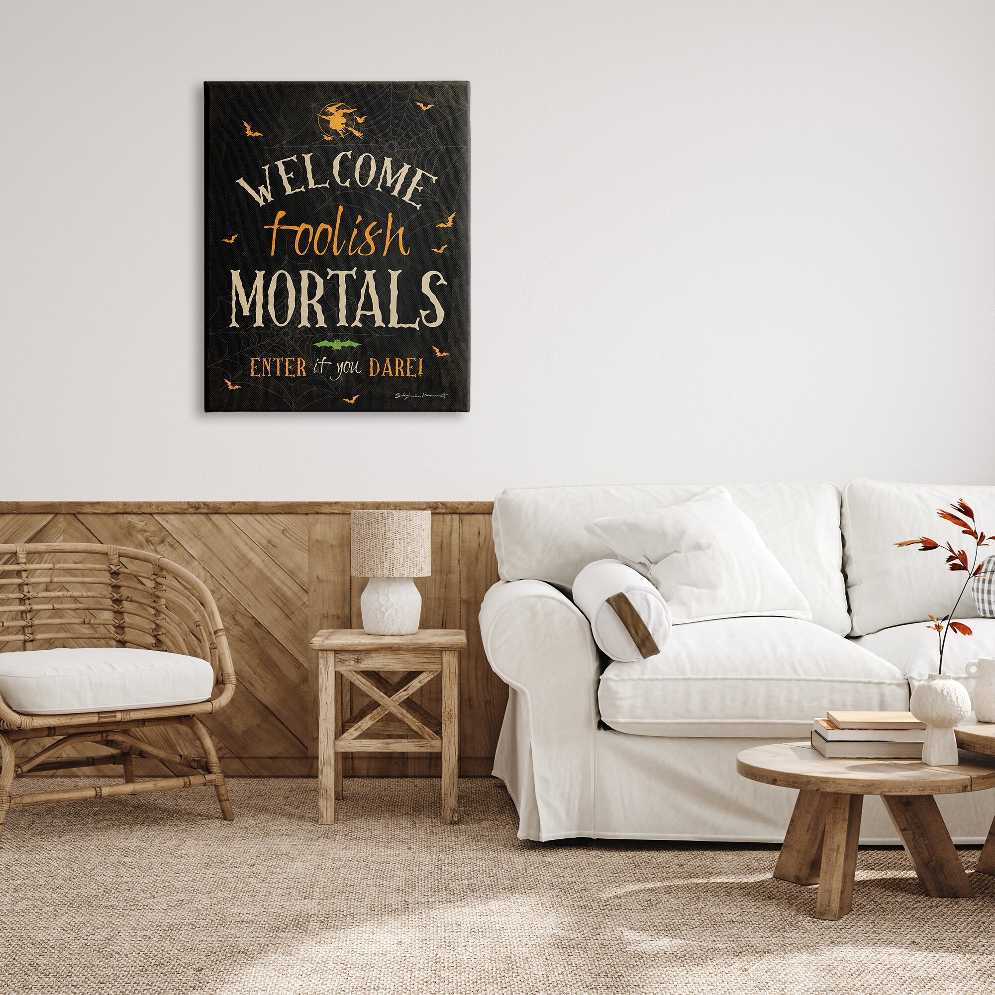 Stupell Industries Welcome Foolish Mortals Phrase Holiday Painting Gallery Wrapped Canvas Print Wall Art