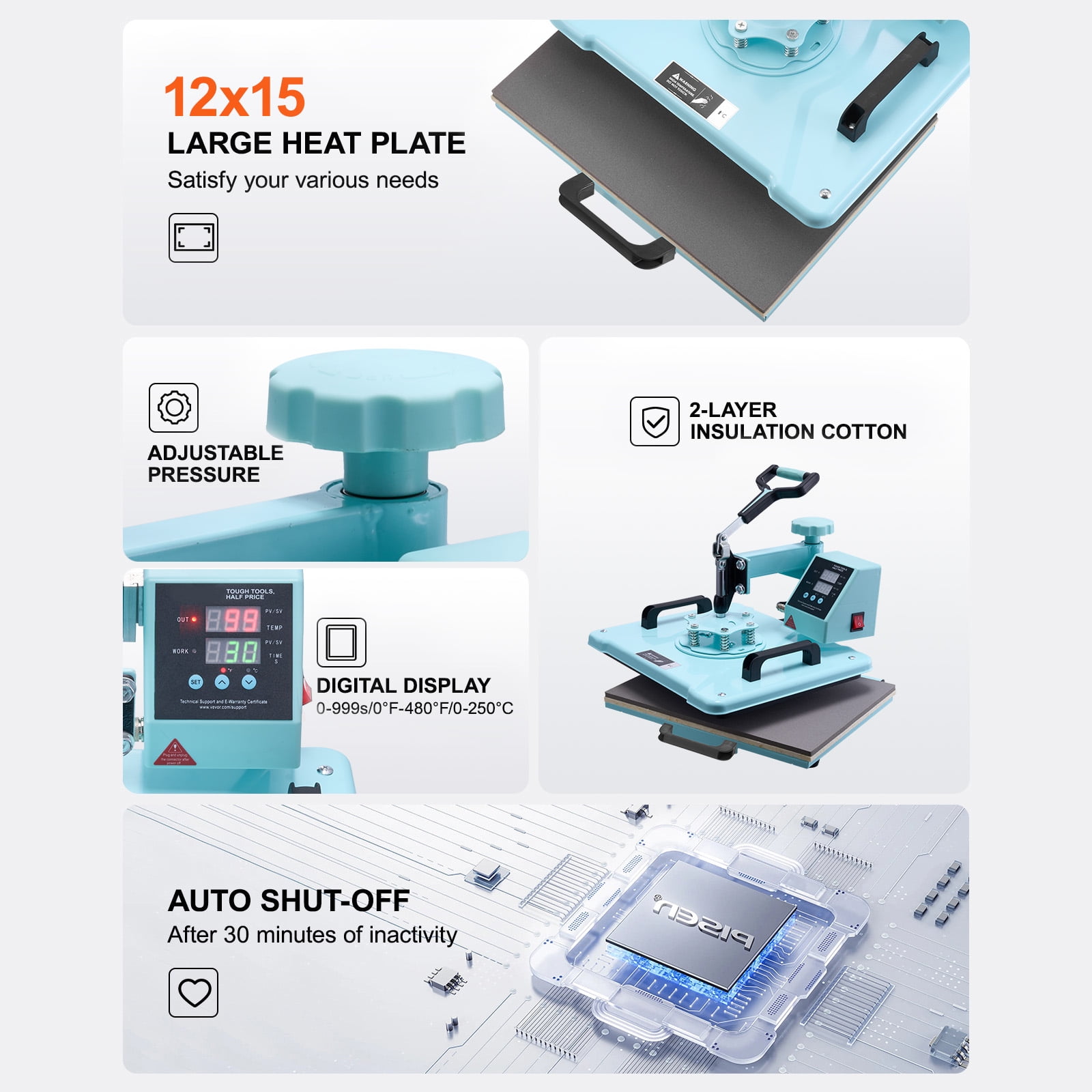 KFFKFF Heat Press, 12x15 inch, 5-in-1 Transfer Tool with 30 oz Cup Press, Swivels 360°, Accurate Digital Settings, for Apparel/Mugs/Caps/Dishes, Green