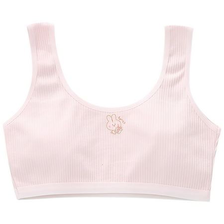Girls Training Bras Cute Sports Bra Ribbed Seamless Wirefree Everyday No-Padded Cotton Comfort Underwear Bralette  Pink  L