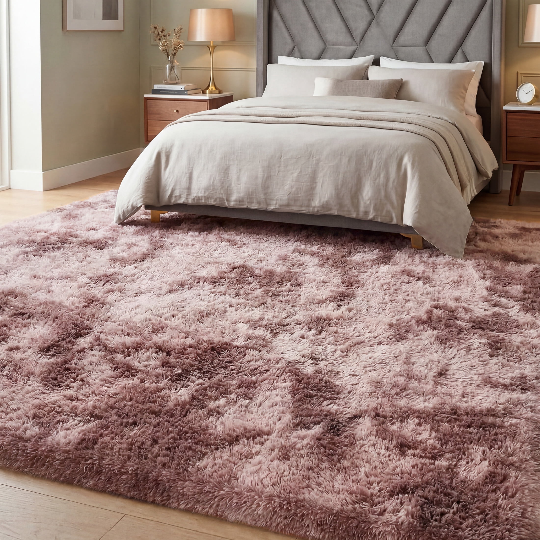Nefoso Shag Area Rug, 9ft x 12ft Soft Fluffy Tie-Dye Area Rugs for Living Room Bedroom Decor Carpet, Dusty Pink / Blush Pink