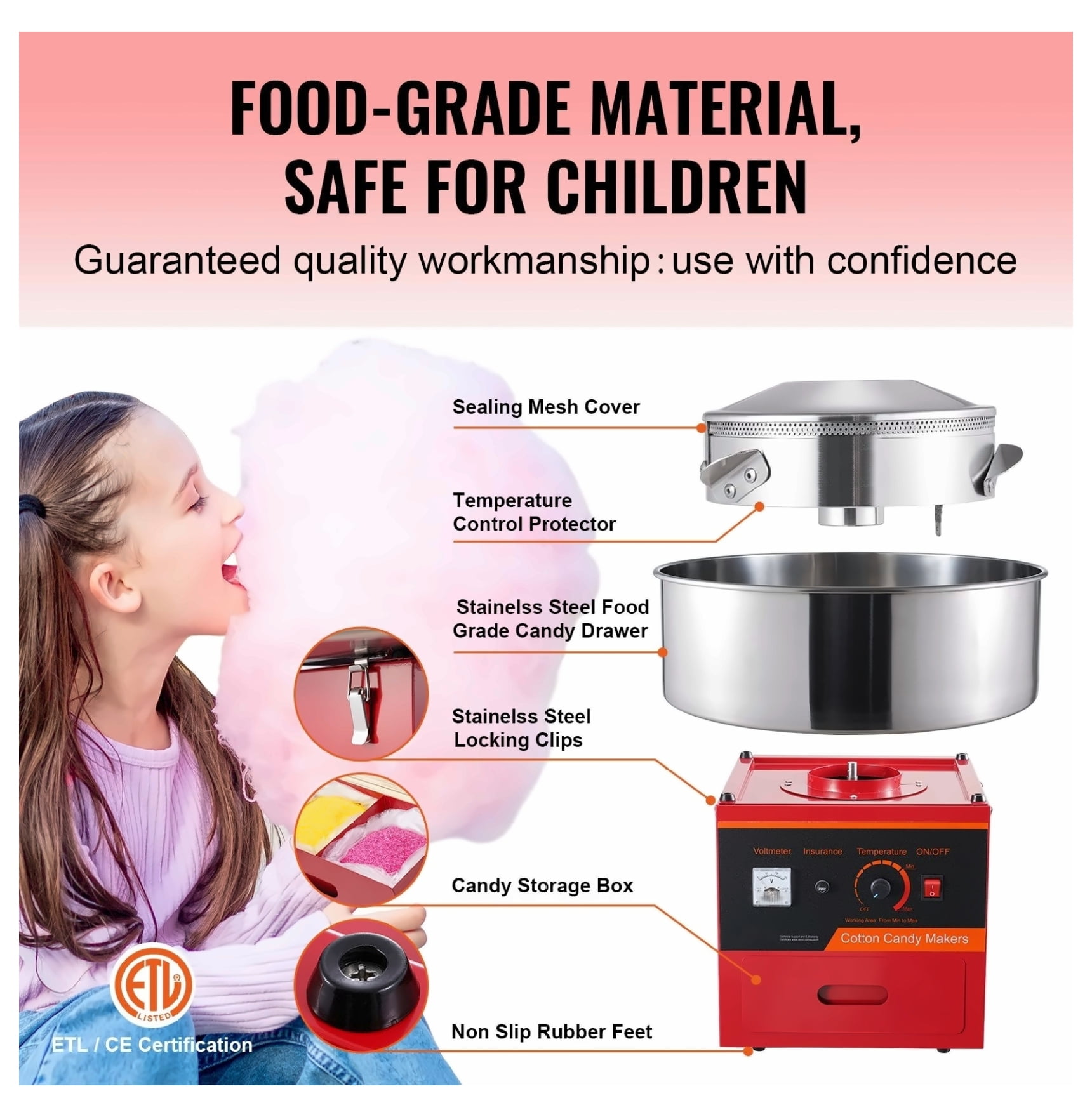 Cotton Candy Machine 1000W, Commercial Candy Floss Maker with Bowl, Red - for Parties, Kids, Home Use, Includes Scoop & Drawer